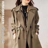 韓版短款顯瘦絲巾風衣外套(M～4XL)卡其