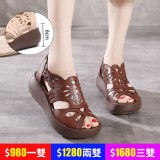 軟底真皮鏤空坡跟涼鞋