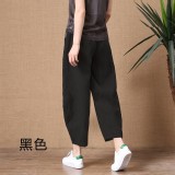 九分寬松薄款防棉麻松緊腰闊腿褲-黑色