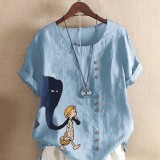 象女孩棉麻短袖上衣淺藍色