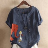 象女孩棉麻短袖上衣藏青色