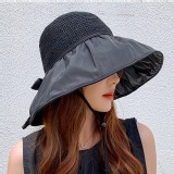 大帽沿更防曬🏠氣質美女黑膠蝴蝶結鏤空漁夫帽