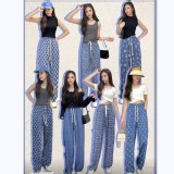 仿單寧印花系列冰絲闊腿褲