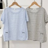 韓清爽棉麻條紋上衣