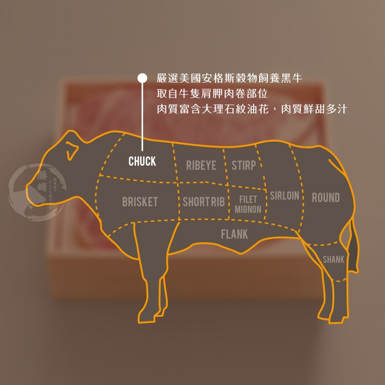 嚴選美國安格斯穀物飼養黑牛，取自牛隻肩胛肉卷部位，肉質富含大理石紋油花,肉質鮮甜多汁。