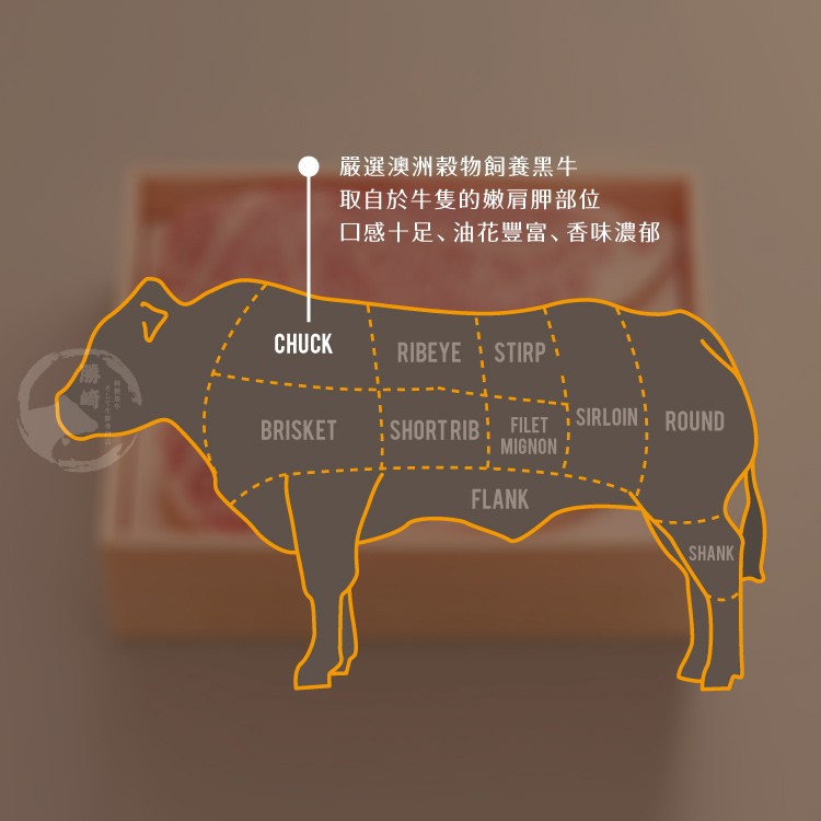 嚴選澳洲穀物飼養黑牛，取自於牛隻的嫩肩胛部位，口感十足、油花豐富、香味濃郁。