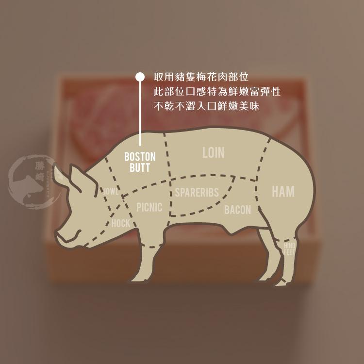 取用豬隻梅花肉部位，此部位口感特為鮮嫩富彈性，不乾不澀入口鮮嫩美味。