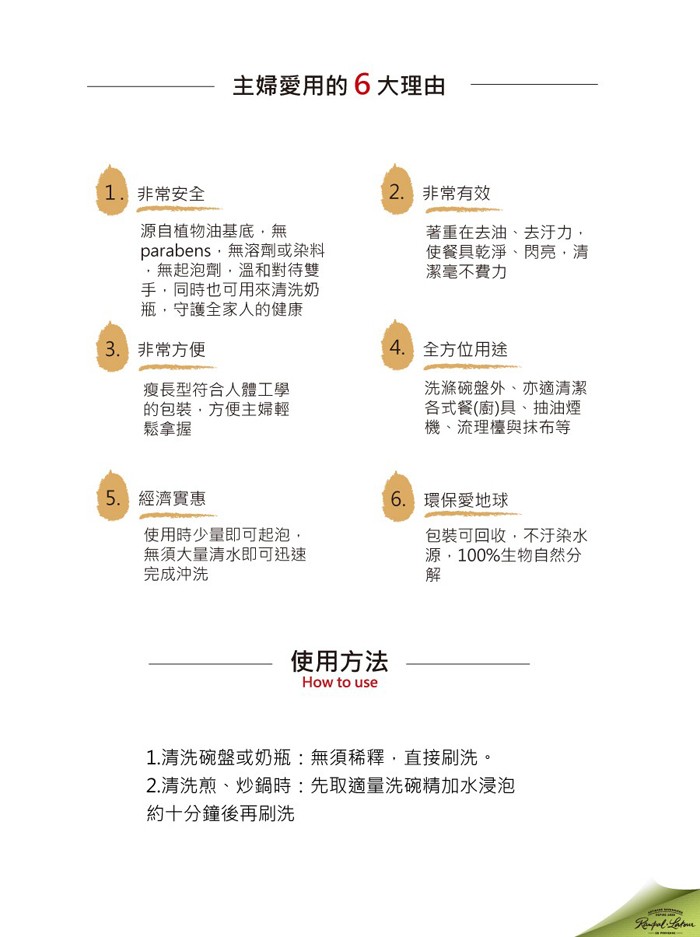 主婦愛用的6大理由，1.非常安全，2.非常有效，源自植物油基底,無，parabens,無溶劑或染料，無起泡劑,溫和對待雙，手,同時也可用來清洗奶，瓶,守護全家人的健康，著重在去油、去汙力,使餐具乾淨、閃亮,清，潔毫不費力，3.非常方便，4.全方位用途