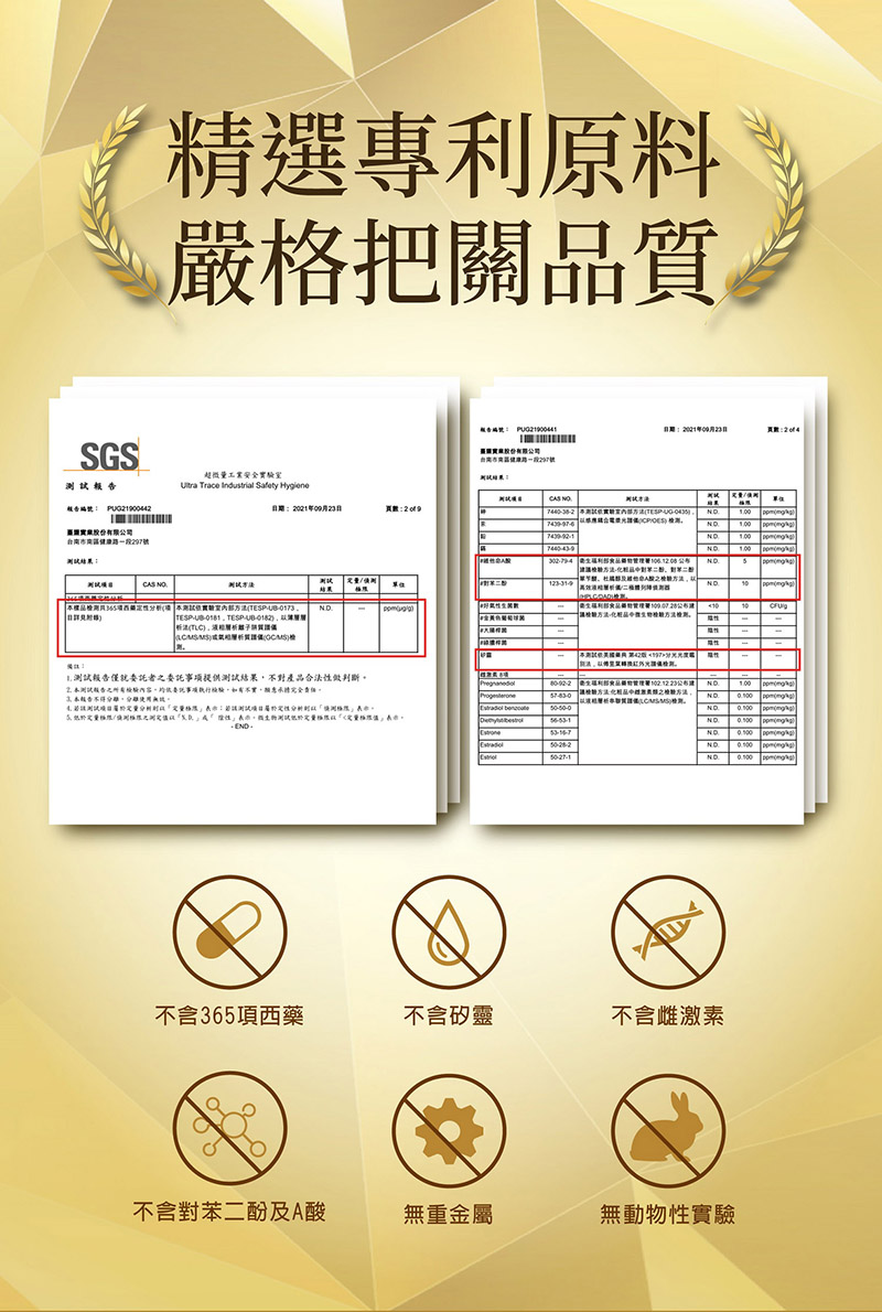 精選專利原料,嚴格把關品質,測試報告,日期:2021年09月23日,台南市南區健康路一段297號,超微量工業安全實驗室,測試項目,枝告編號: PUG21900442,日期:2021年09月23日,頁數:2049, 7660-38-2 手測試帳實計室内