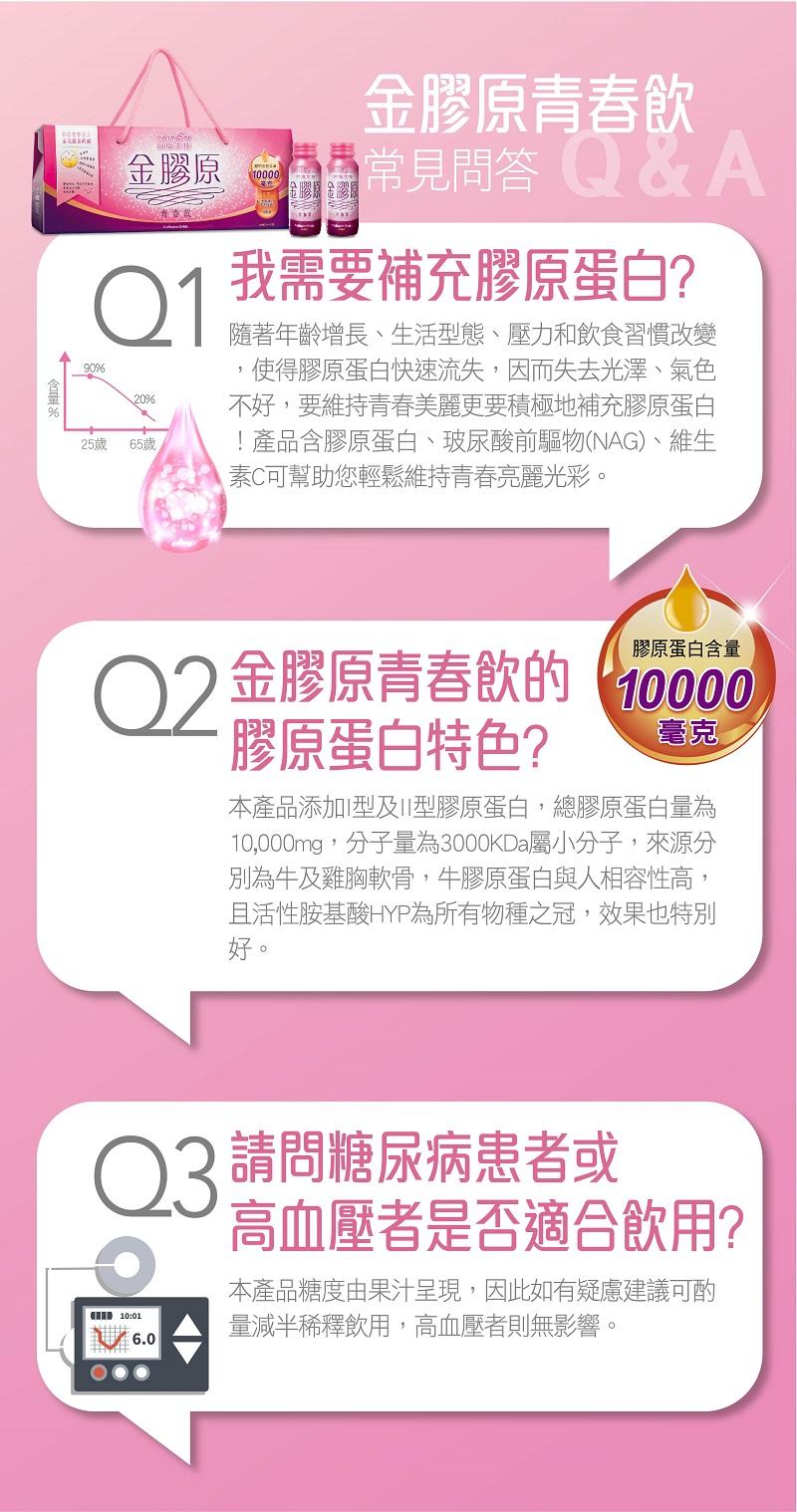 金膠原，25歲，65歲，金膠原青春飲，常見問答 Q&A，我需要補充膠原蛋白?隨著年齡增長、生活型態、壓力和飲食習慣改變，使得膠原蛋白快速流失,因而失去光澤、氣色，不好,要維持青春美麗更要積極地補充膠原蛋白，產品含膠原蛋白、玻尿酸前驅物(NAG)、維生