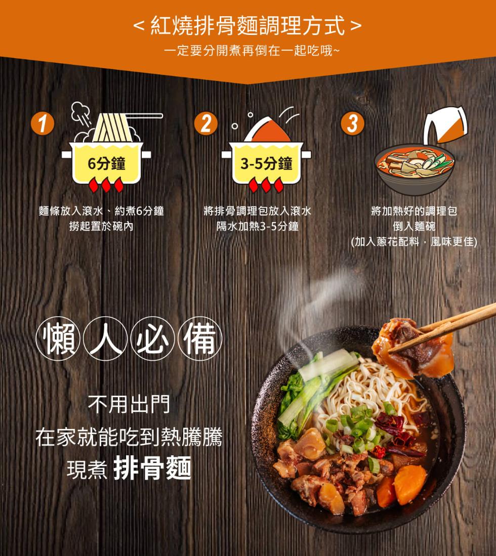 6分鐘,<紅燒排骨麵調理方式>,一定要分開煮再倒在一起吃哦~,麵條放入滾水、約煮6分鐘,撈起置於碗內,將排骨調理包放入滾水,隔水加熱3-5分鐘,懶人必備,3-5分鐘,不用出門,在家就能吃到熱騰騰,現煮 排骨麵,將加熱好的調理包,倒入麵碗,(加入蔥花配