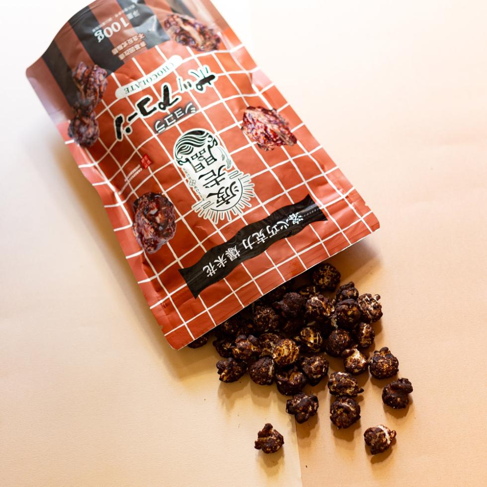 溶心巧克力 爆米花，ショコラ，不含反式脂肪，第x100g。