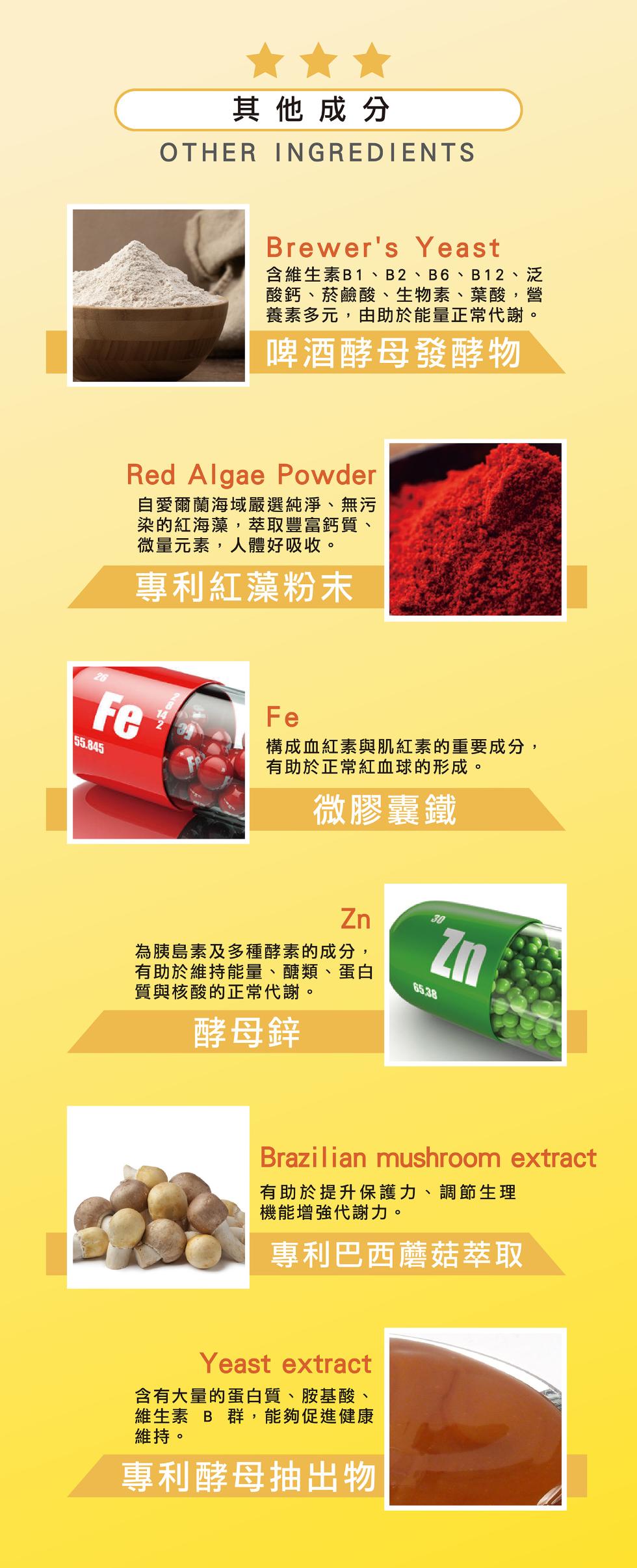 其他成分，含維生素B1、B2、B6、B12、泛，酸鈣、菸鹼酸、生物素、葉酸,營，養素多元,由於能量正常代謝。啤酒酵母發酵物，自愛爾蘭海域嚴選純淨、無污，染的紅海藻,萃取豐富鈣質、微量元素,人體好吸收。專利紅藻粉末，有助於正常紅血球的形成。微膠囊鐵，構