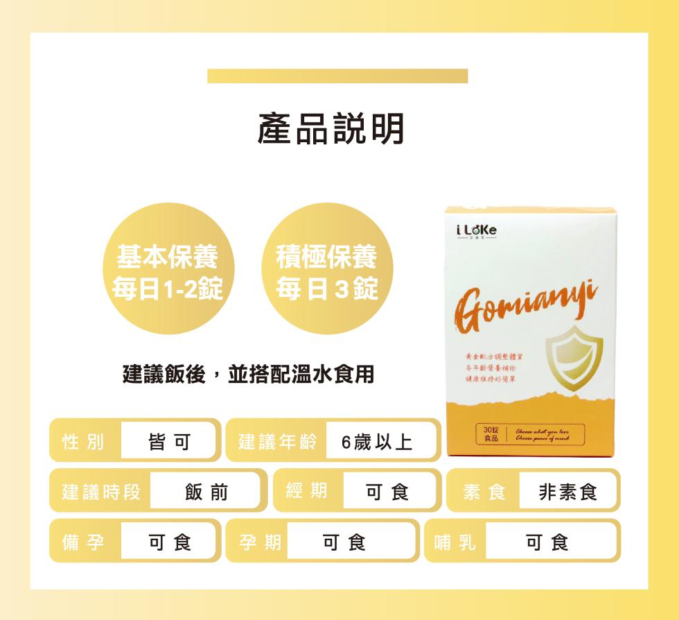 產品說明，基本保養，積極保養，【每日1-2錠，每日3錠，建議飯後,並搭配溫水食用，黃金配方調整體質，各年齡營養補伦，健康維持好簡單，皆可 建議年齡 6歲以上，建議時段 飯 前，經期 可食，非素食，可食 孕期 可食。