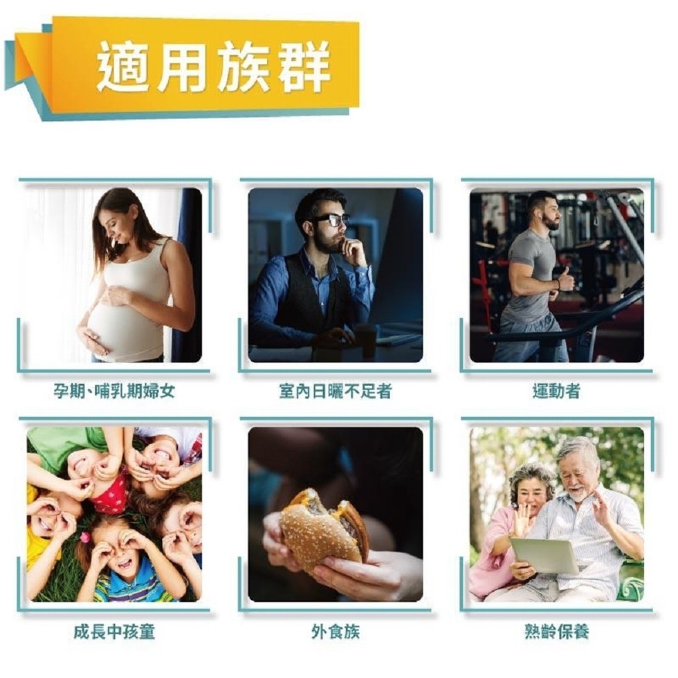 適用族群,孕期、哺乳期婦女,室內日曬不足者,運動者,成長中孩童,外食族,熟齡保養。