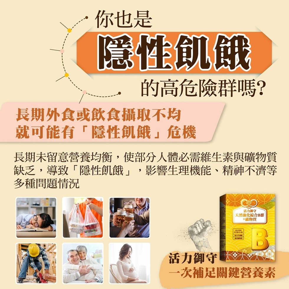 你也是，隱性飢餓，的高危險群嗎?長期外食或飲食攝取不均，就可能有隱性飢餓危機，長期未留意營養均衡,使部分人體心必需維生素與礦物質，缺乏,導致隱性飢餓,影響生理機能、精神不濟等，多種問題情況，活力御守，天然強化綜合B群，+礦物質，活力御守，一次補足關鍵