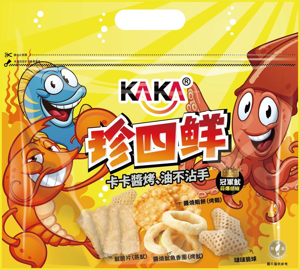 85 請由此的閒，夾鍊袋設計可重覆使用，KAKAⓇ，卡卡醬烤油不沾手，心醬燒蝦餅(烤蝦)，冠軍魷，蒜爆胡椒，·魷脆片(蒸魷)，醬燒魷魚香圈(烤魷，啵啵脆球，圖片僅供參考。