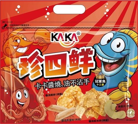 KAKAⓇ，卡卡醬燒、油不沾手，鹽焗蝦餅(烤報)，冠軍魚】，十三香，鹽燈魚薯條(烤魚)，涼魷魚餅(烤鱿)，(魚片(盒)。