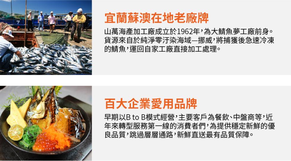 宜蘭蘇澳在地老廠牌，山萬海產加工廠成立於1962年,為大鯖魚夢工廠前身。貨源來自於純淨零汙染海域一挪威,將捕獲後急速冷凍，的鯖魚,運回自家工廠直接加工處理。百大企業愛用品牌，早期以Bto B模式經營,主要客戶為餐飲、中盤商等,近，年來轉型服務第一線的