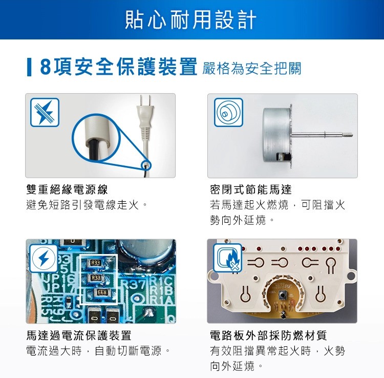貼心耐用設計，18項安全保護裝置 嚴格為安全把關，雙重絕緣電源線，避免短路引發電線走火。密閉式節能馬達，若馬達起火燃燒,可阻擋火，勢向外延燒。馬達過電流保護裝置，電流過大時,自動切斷電源。電路板外部採防燃材質，有效阻擋異常起火時,火勢，向外延燒。