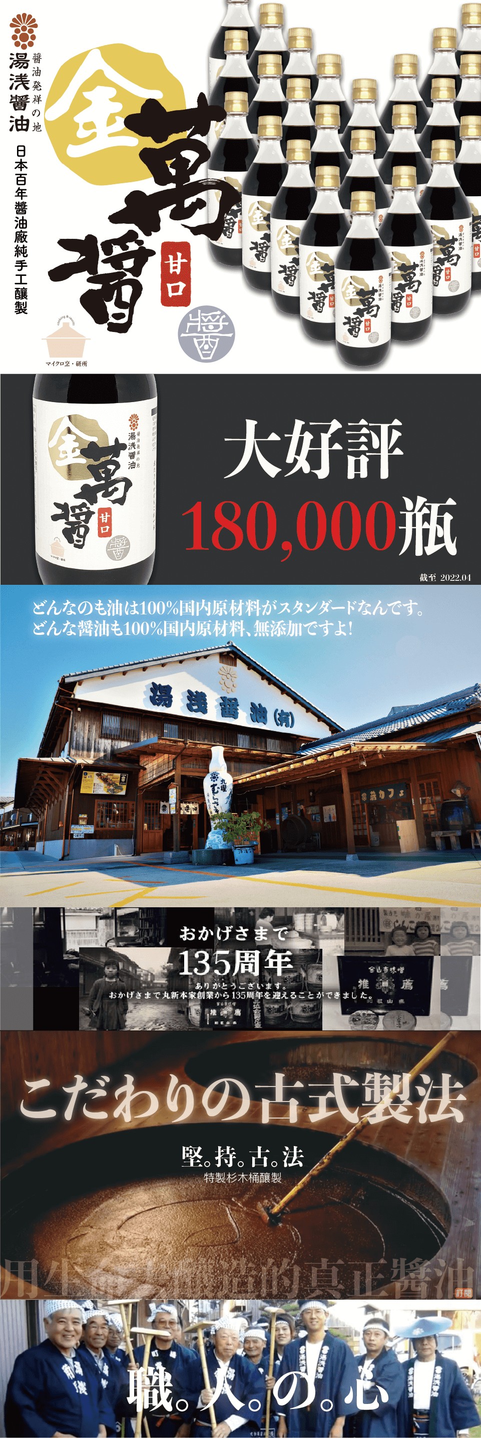 醬油発祥の地，湯浅酱油 日本百年醬油廠純手工釀製，マイクロ烹・研所，湯浅醬油，大好評，180,000瓶，8h左の毛油100%国内原材料加工父一下左下寸。出左左酱油毛100%国内原材料、無添加℃!(例)，类零區議冒油，製be，おかげさまで，135周年，