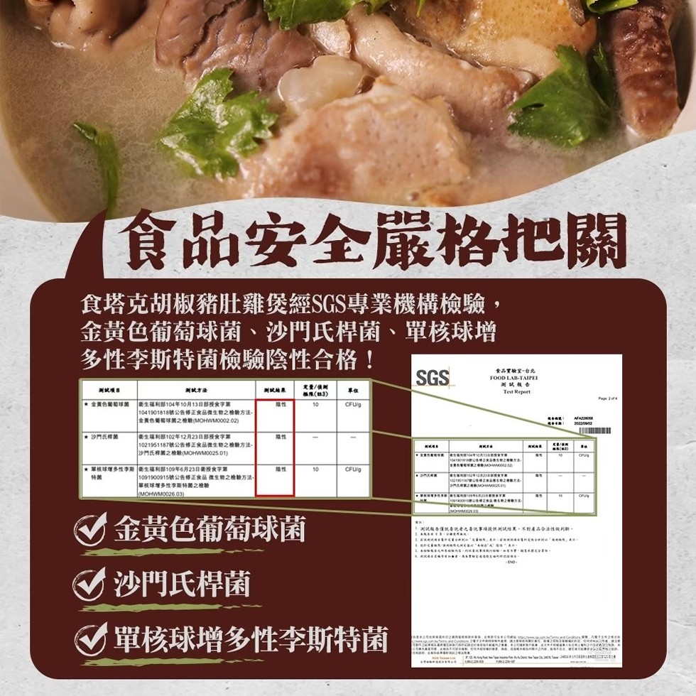 食品安全嚴格把關，食塔克胡椒豬肚雞煲經SGS專業機構檢驗,金黃色葡萄球菌、沙門氏桿菌、單核球增，多性李斯特菌檢驗陰性合格!测试项目，測試方法， 金黃色葡萄球菌 衛生福利部104年10月13日部授食字第，沙門氏桿菌， 1041901818號公告修正食品