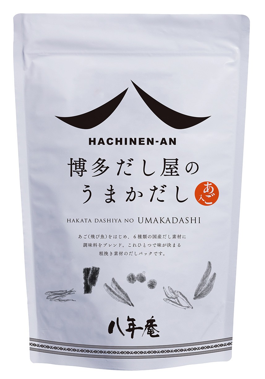 博多だし屋の，うまかだし，あご(飛び魚)をはじめ、6種類の国産だし素材に，調味料をブレンド。 これひとつで味が決まる，粗挽き素材のだしパックです。八年庵。