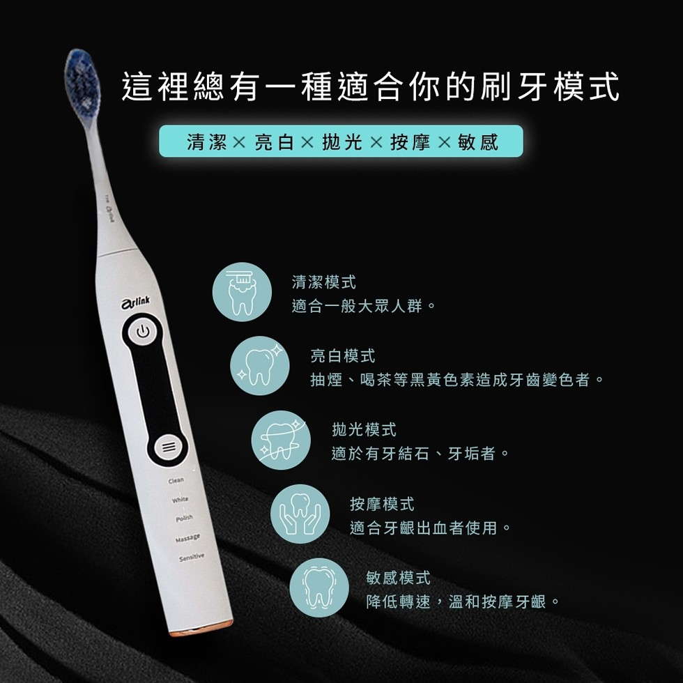 這裡總有一種適合你的刷牙模式，清潔 × 亮白 × 抛光×按摩ㄨ敏感，清潔模式，適合一般大眾人群。亮白模式，抽煙、喝茶等黑黃色素造成牙齒變色者。抛光模式，適於有牙結石、牙垢者。按摩模式， 適合牙眼出血者使用。敏感模式，降低轉速,溫和按摩牙齦。