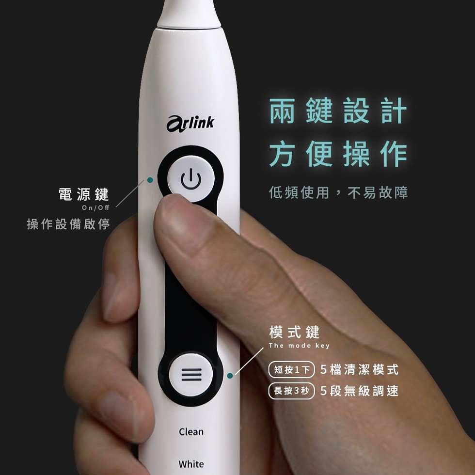 電源鍵，作設備啟，兩鍵設計，方便操作，低頻使用,不易故障，模式鍵，短按1下5檔清潔模式，(長按3秒 5段無級調速。