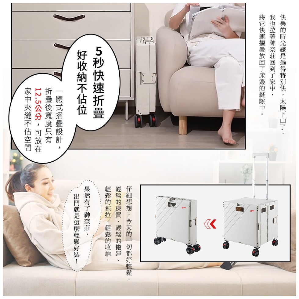 快樂的時光總是過得特別快,太陽下山了,我也拉著神奈莊回到了家中,將它快速摺疊放回了床邊的縫隙中。5秒快速折疊，好收納不佔位，一體式摺疊設計,折疊後寬度只有，12.5公分,可放在，家中夾縫不佔空間，仔細想想,今天的一切都好輕鬆·，輕鬆的採買、輕鬆的搬運