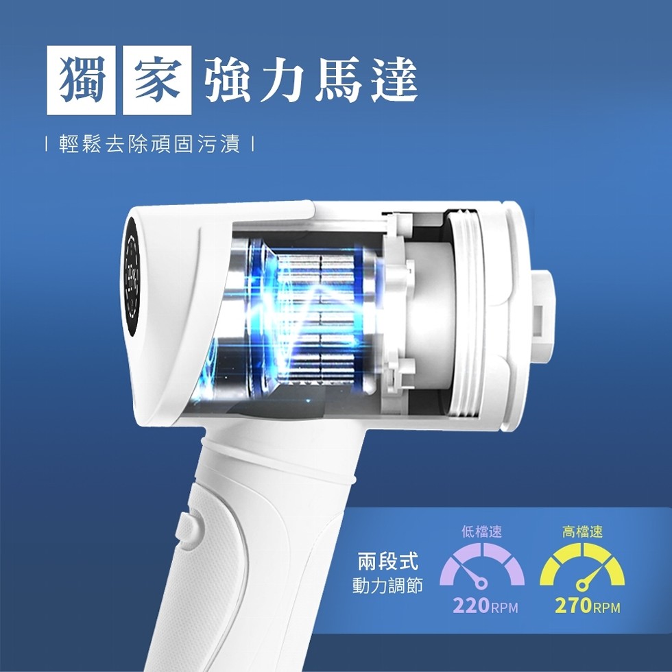獨家 強力馬達,l輕鬆去除頑固污漬兩段式,動力調節,低檔速,高檔速。