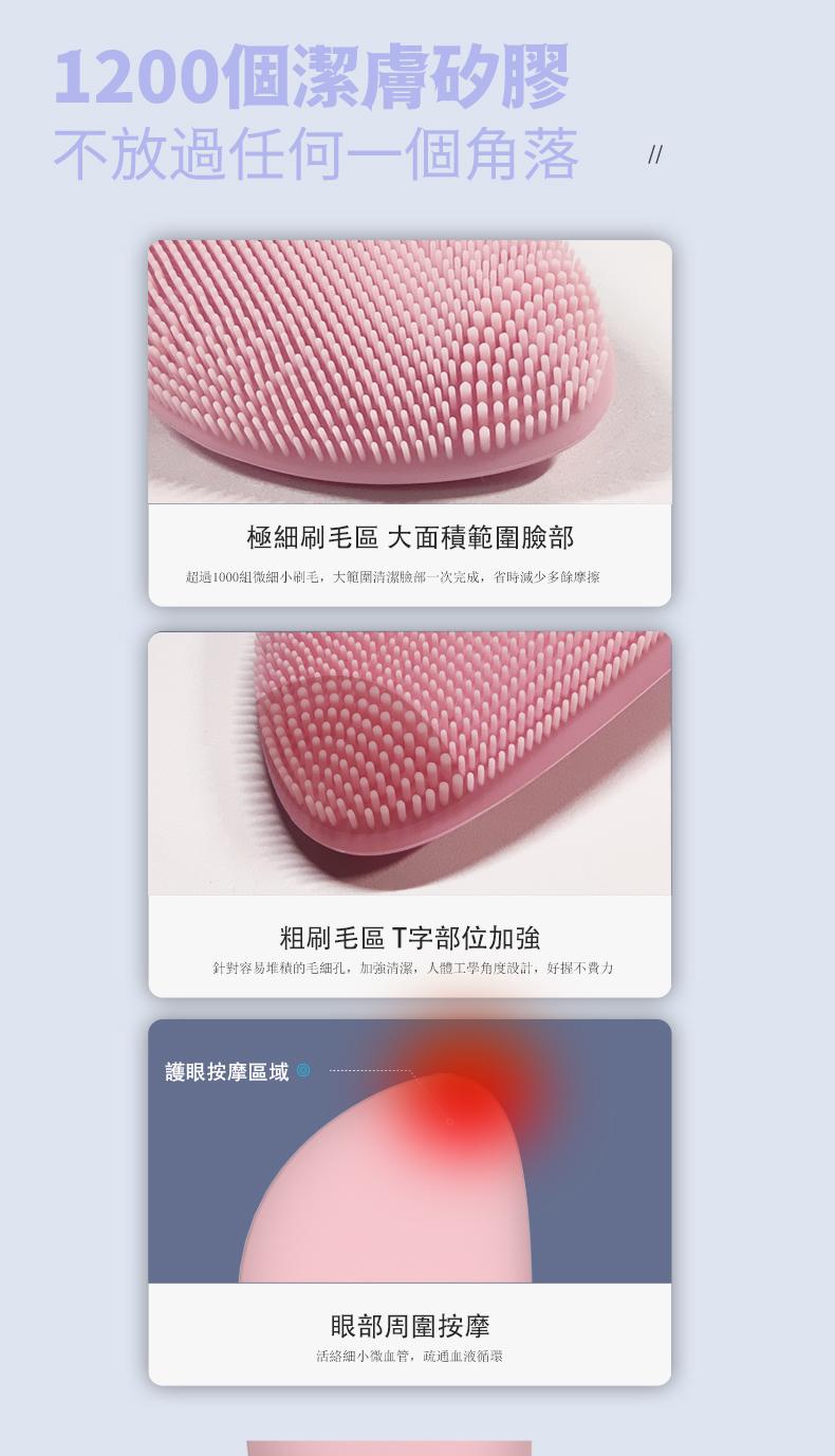 1200個潔膚矽膠，不放過任何一個角落，極細刷毛區 大面積範圍臉部，超過1000組微細小刷毛,大範圍清潔臉部一次完成,省時減少多餘摩擦，粗刷毛區T字部位加強，針對容易堆積的毛細孔,加強清潔,人體工學角度設計,好握不費力，護眼按摩區域，眼部周圍按摩，活