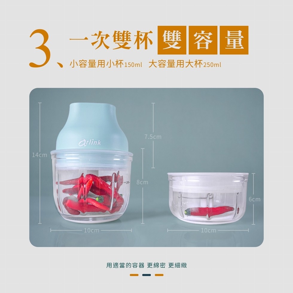 一次雙杯 雙 容 量，小容量用小杯150ml 大容量用大杯250ml，用適當的容器 更綿密 更細緻。