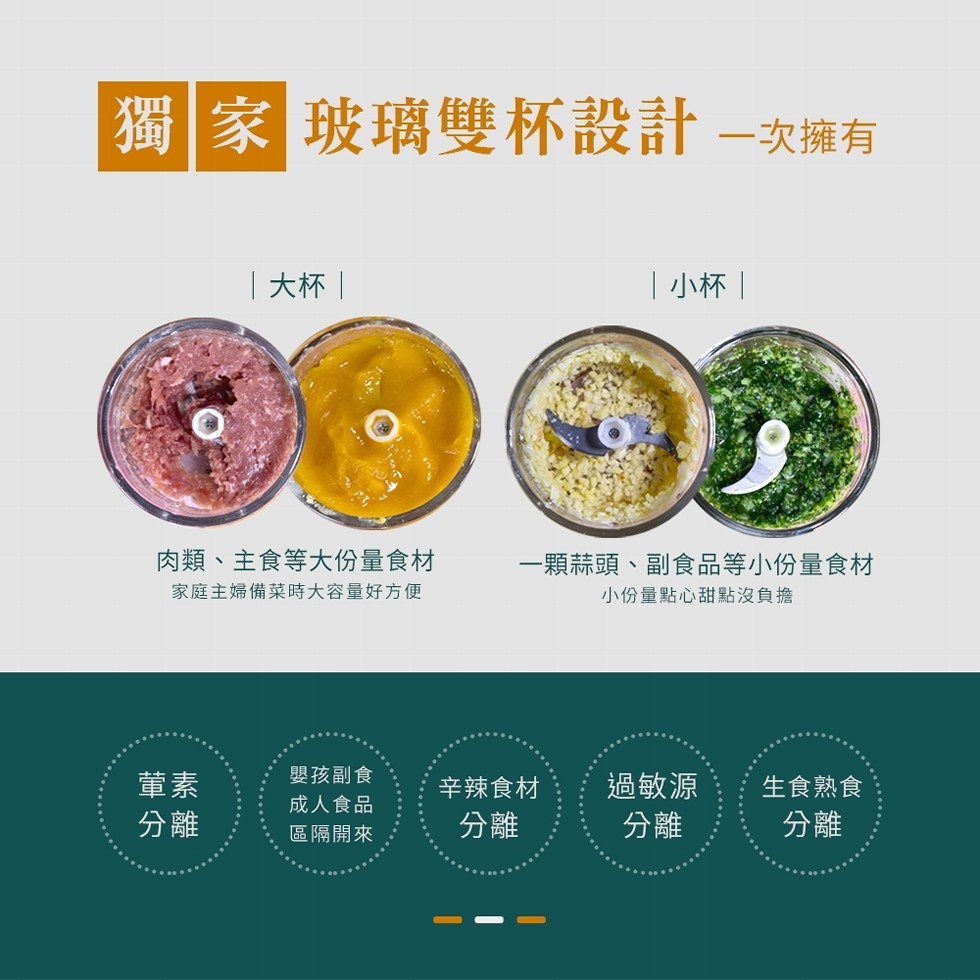 溜家 玻璃雙杯設計一次擁有，大杯，小杯 ，肉類、主食等大份量食材，家庭主婦備菜時大容量好方便，一顆蒜頭、副食品等小份量食材，小份量點心甜點沒負擔，嬰孩副食，成人食品，辛辣食材，過敏源，生食熟食，區隔開來。