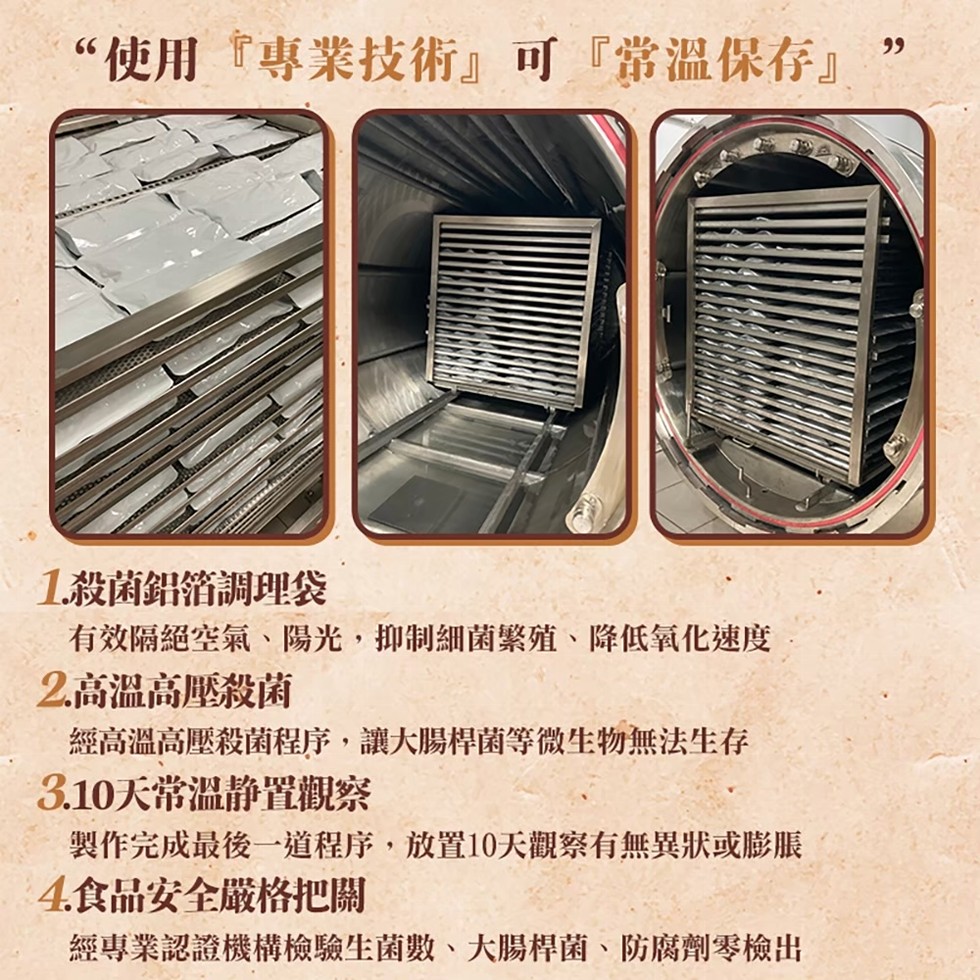 “使用專業技術可常溫保存1.殺菌鋁箔調理袋,有效隔絕空氣、陽光,抑制細菌繁殖、降低氧化速度,2.高溫高壓殺菌,經高溫高壓殺菌程序,讓大腸桿菌等微生物無法生存,3.10天常溫静置觀察,製作完成最後一道程序,放置10天觀察有無異狀或膨脹,4.食品安全嚴格