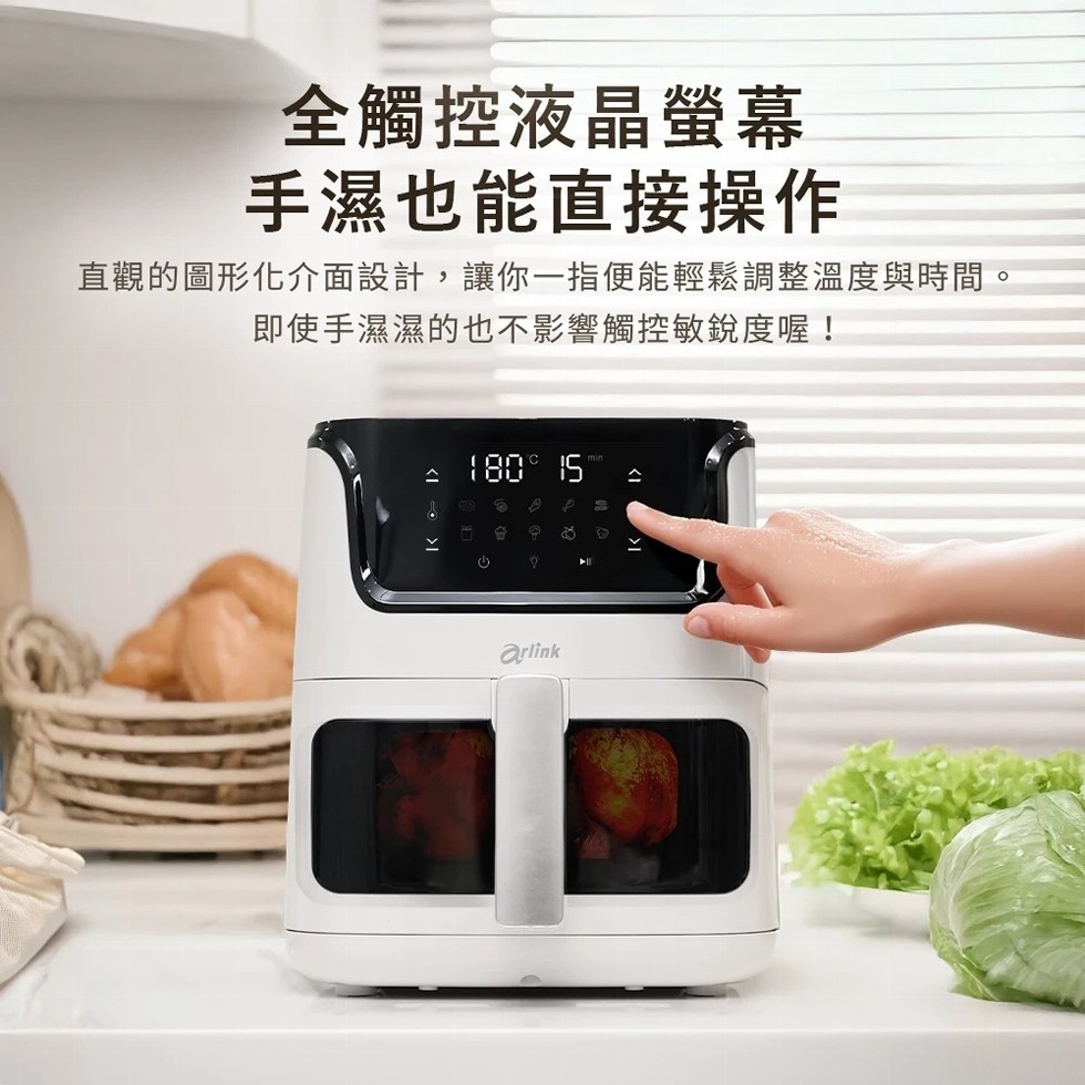 全觸控液晶螢幕，手濕也能直接操作，直觀的圖形化介面設計,讓你一指便能輕鬆調整溫度與時間。即使手濕濕的也不影響觸控敏銳度喔!△ 180°12' 스。