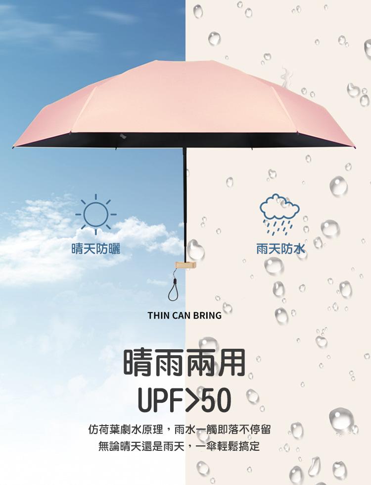 晴天防曬，晴雨兩用，雨天防水，仿荷葉劇水原理,雨水一觸即落不停留，無論晴天還是雨天,一傘輕鬆搞定。