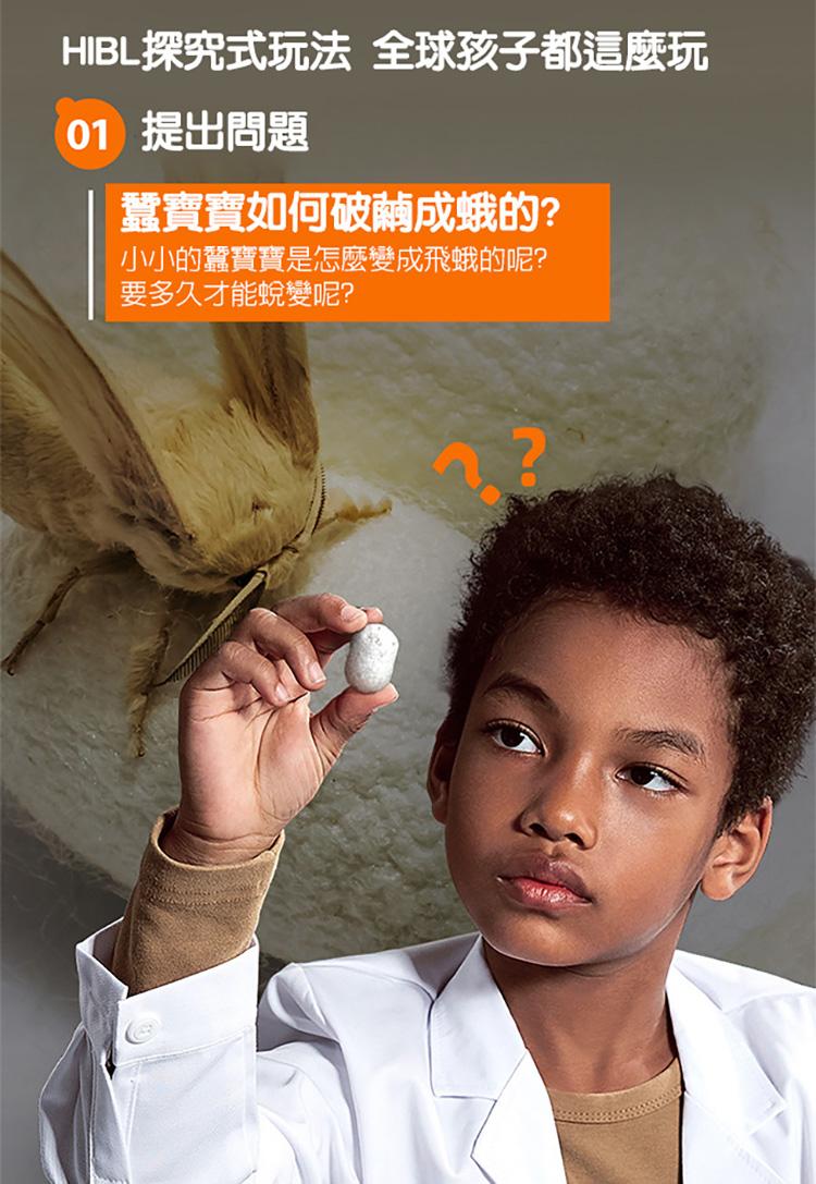 HIBL探究式玩法 全球孩子都這麼玩，01 提出問題，蠶寶寶如何破繭成蛾的?小小的蠶寶寶是怎麼變成飛蛾的呢?要多久才能蛻變呢?。