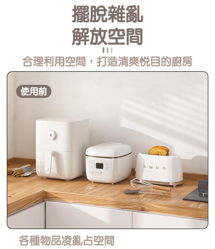 擺脫雜亂，解放空間，合理利用空間,打造清爽悅目的廚房，使用前，各種物品凌亂占空間。