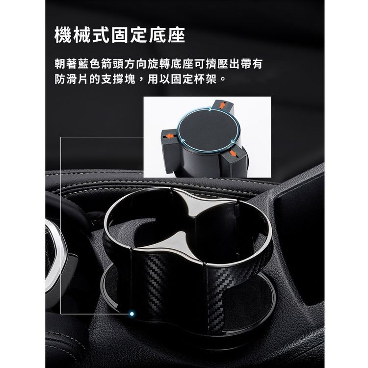 機械式固定底座，朝著藍色箭頭方向旋轉底座可擠壓出帶有，防滑片的支撐塊,用以固定杯架。