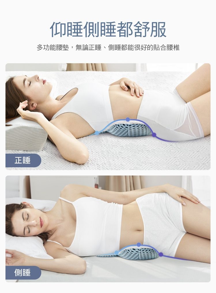 仰睡側睡都舒服，多功能腰墊,無論正睡、側睡都能很好的貼合腰椎。