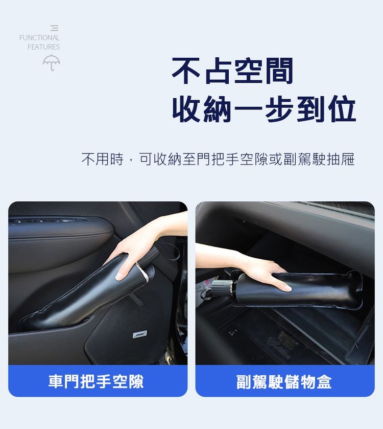 不占空間,收納一步到位,不用時,可收納至門把手空隙或副駕駛抽屜,車門把手空隙,副駕駛儲物盒。