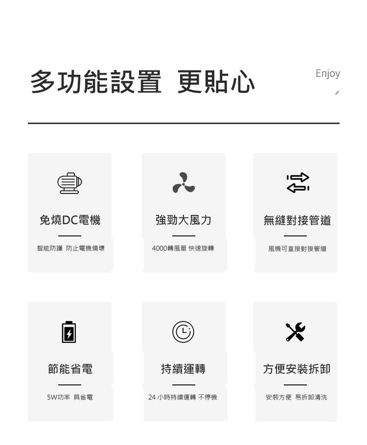 多功能設置 更貼心，免燒DC電機，強勁大風力，智能防護 防止電機燒壞，4000轉風量 快速旋轉，節能省電，持續運轉，5W功率 具省電，24 小時持續運轉 不停機，無縫對接管道，風機可直接對接管道，方便安裝拆卸，安裝方便 易拆卸清洗。