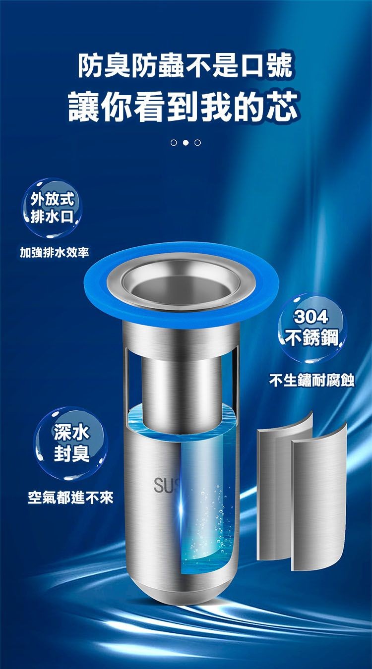 防臭防蟲不是口號，讓你看到我的芯，外放式，､排水口，加強排水效率，封臭。空氣都進不來，不銹鋼，不生鏽耐腐蝕。