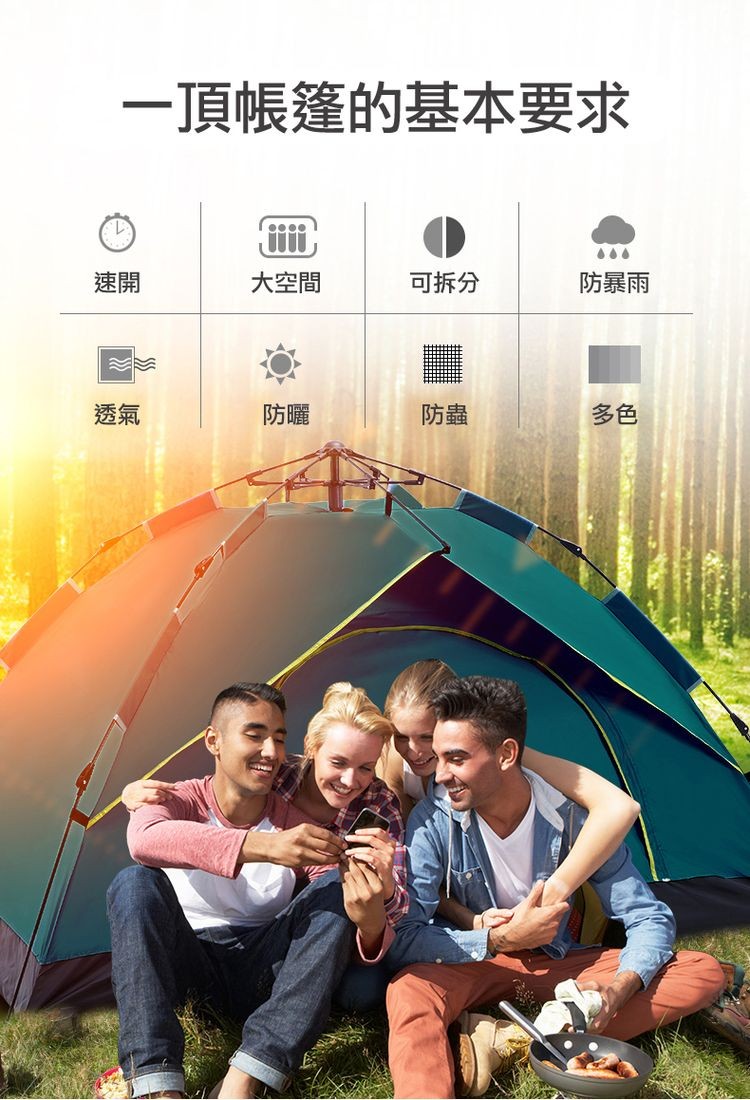 一頂帳篷的基本要求，大空間，可拆分，防暴雨。