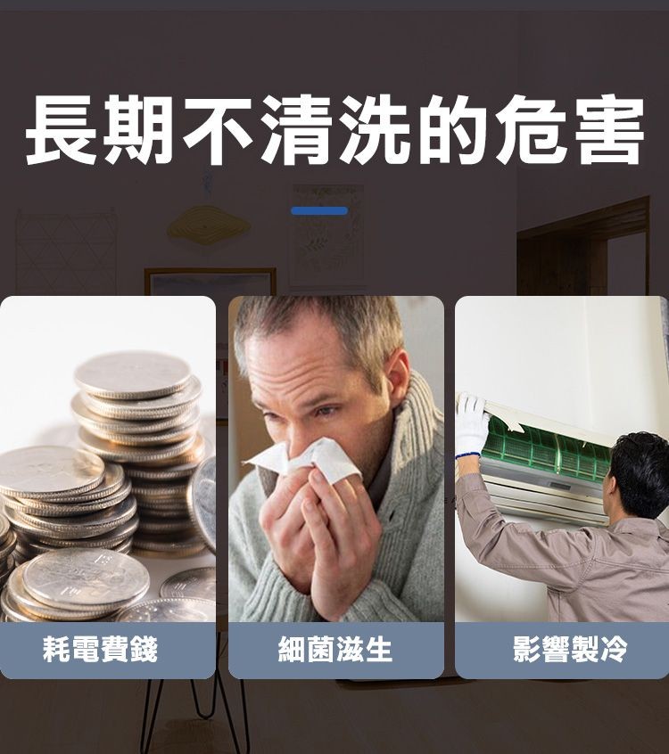 長期不清洗的危害，耗電費錢，細菌滋生，影響製冷。
