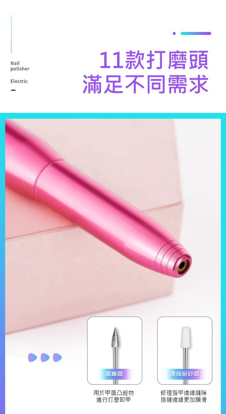 11款打磨頭，滿足不同需求，圓錐頭，用於甲面凸起物，進行打麼卸甲，邊緣磨砂頭，修理指甲邊緣縫隙，指縫邊緣更加順滑。