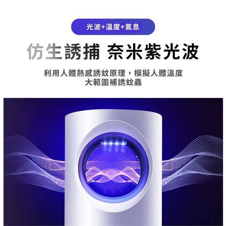 光波+溫度+氣息，仿生誘捕 奈米紫光波，利用人體熱感誘蚊原理,模擬人體溫度，大範圍補誘蚊蟲。