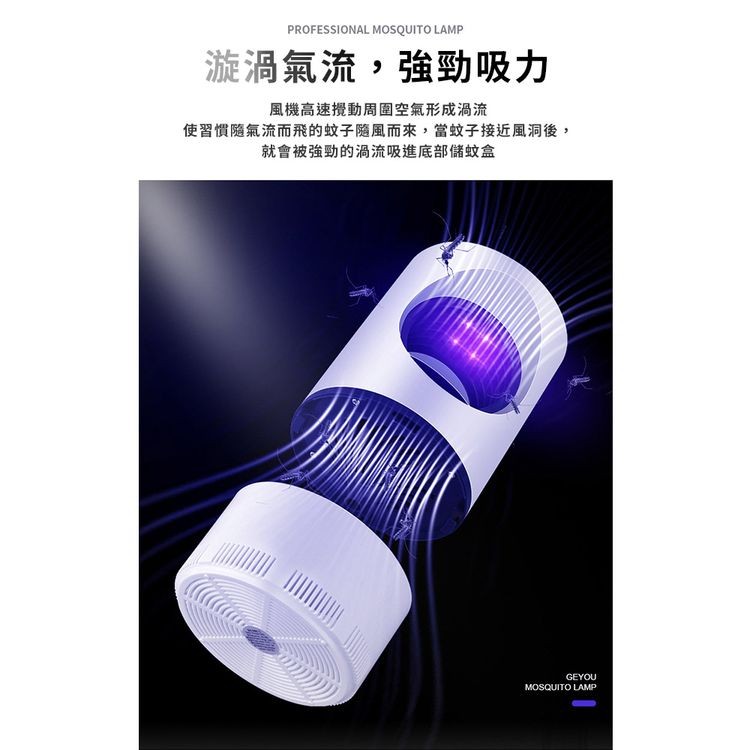漩渦氣流,強勁吸力，風機高速攪動周圍空氣形成渦流，使習慣隨氣流而飛的蚊子隨風而來,當蚊子接近風洞後,就會被強勁的渦流吸進底部儲蚊盒。