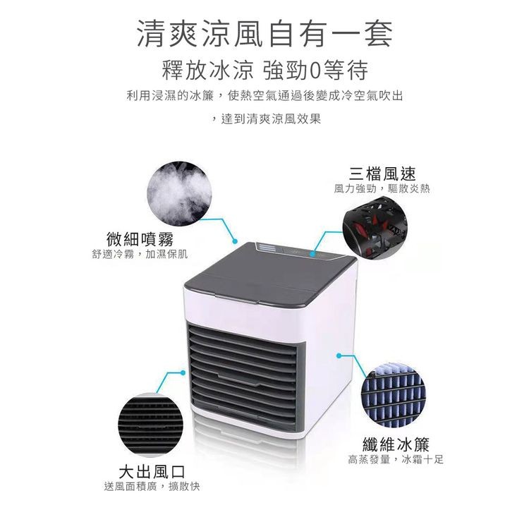 清爽涼風自有一套，釋放冰涼 強勁0等待，利用浸濕的冰簾,使熱空氣通過後變成冷空氣吹出，達到清爽涼風效果，微細噴霧，舒適冷霧,加濕保肌，大出風口，送風面積廣,擴散快，三檔風速，風力強勁,驅散炎熱，纖維冰簾，高蒸發量,冰霜十足。
